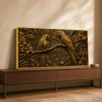 Tropical Parrot Couple on Branch Metallic Look 3D Canvas Wall Painting