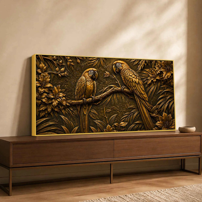 Tropical Parrot Couple on Branch Metallic Look 3D Canvas Wall Painting