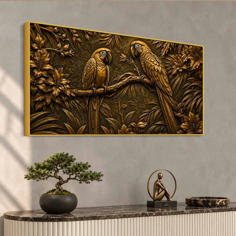 Tropical Parrot Couple on Branch Metallic Look 3D Canvas Wall Painting