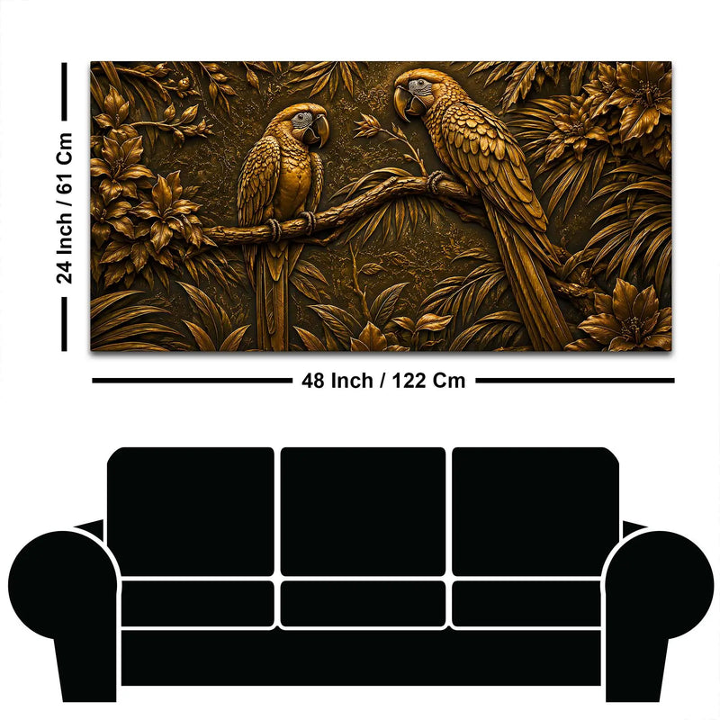 Tropical Parrot Couple on Branch Metallic Look 3D Canvas Wall Painting