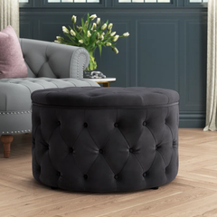 Tufted Black Color Large Round Shape Storage Ottoman