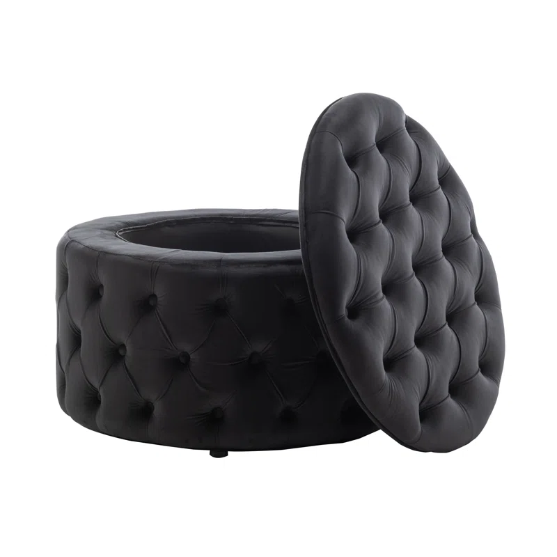 Tufted Black Color Large Round Shape Storage Ottoman