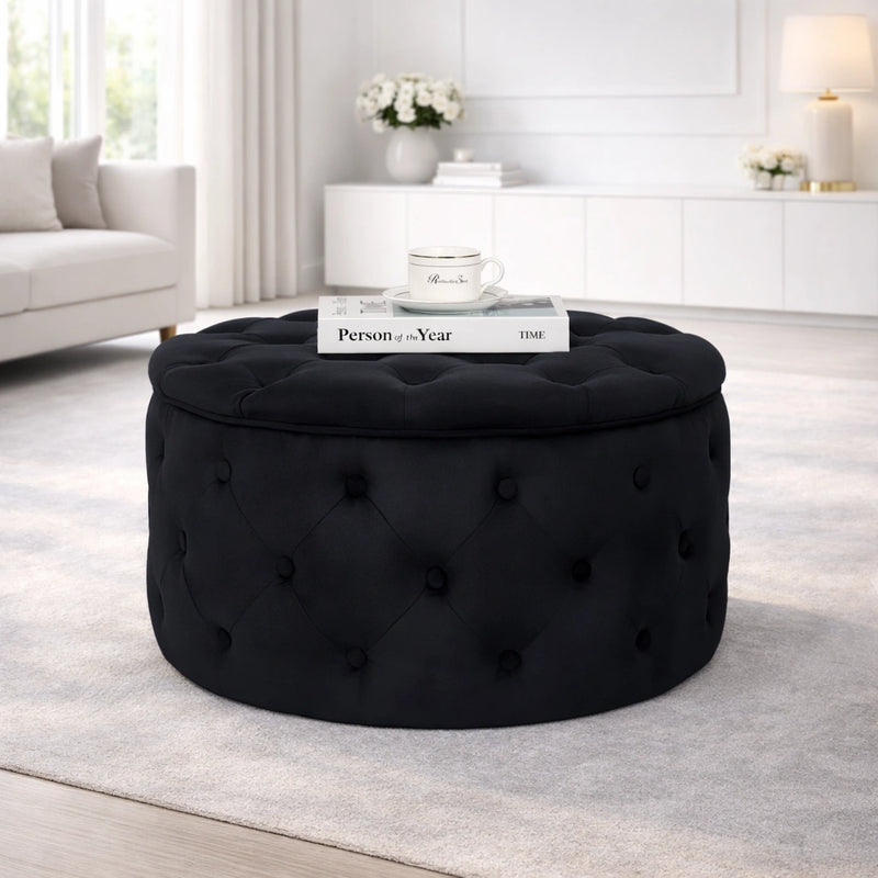 tufted-black-color-rounded-storage-ottoman