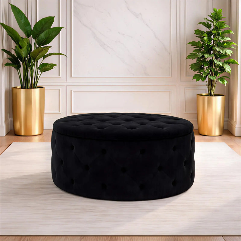 tufted-black-color-rounded-storage-ottoman