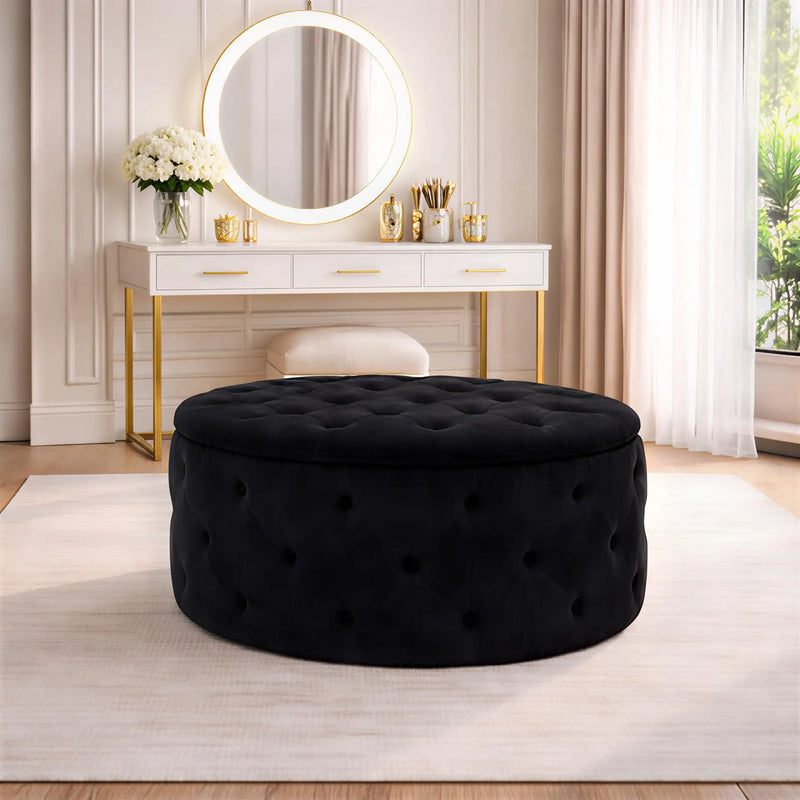 tufted-black-color-rounded-storage-ottoman