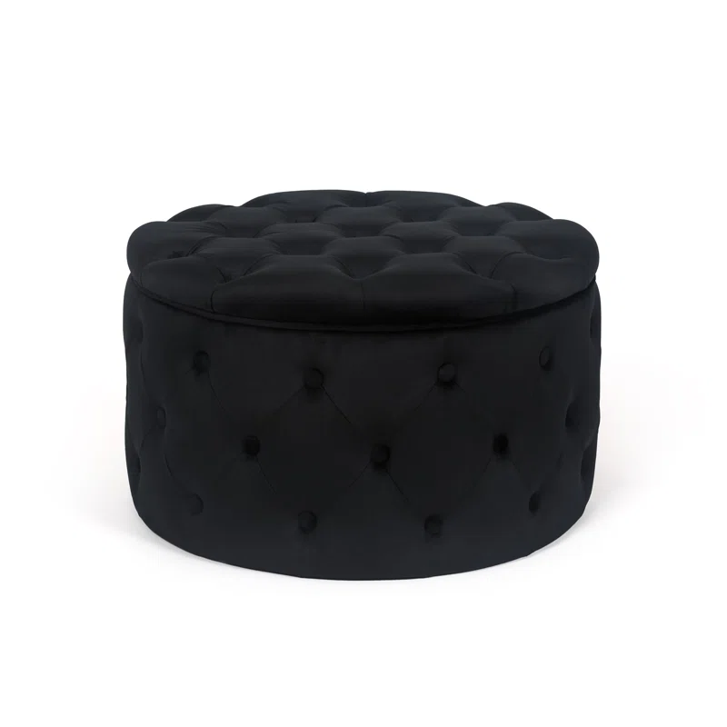 Tufted Black Color Rounded Storage Ottoman