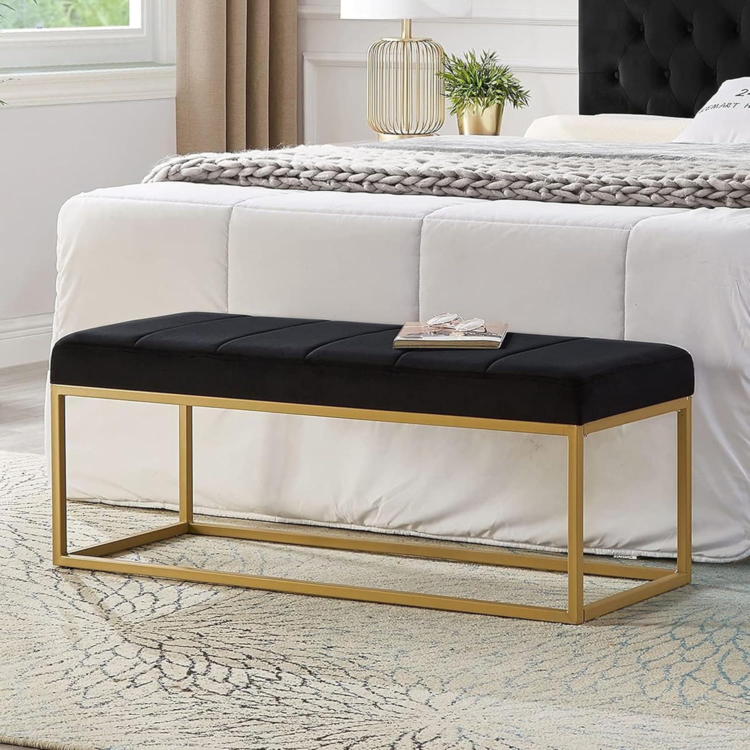 Tufted Black Velvet Bench with Sleek Gold Metal Legs Ottoman