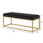 Tufted Black Velvet Bench with Sleek Gold Metal Legs Ottoman