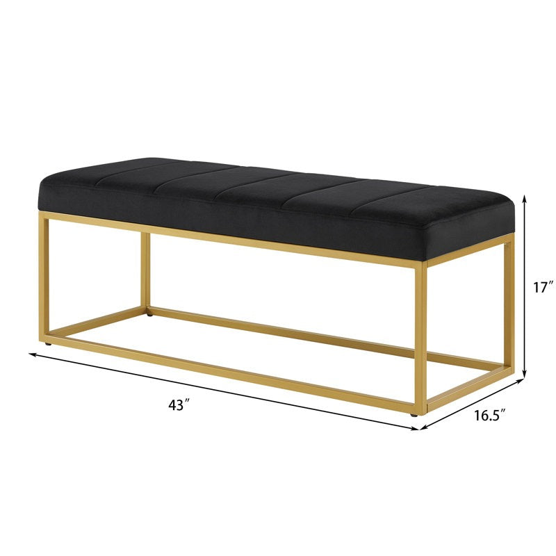 Tufted Black Velvet Bench with Sleek Gold Metal Legs Ottoman