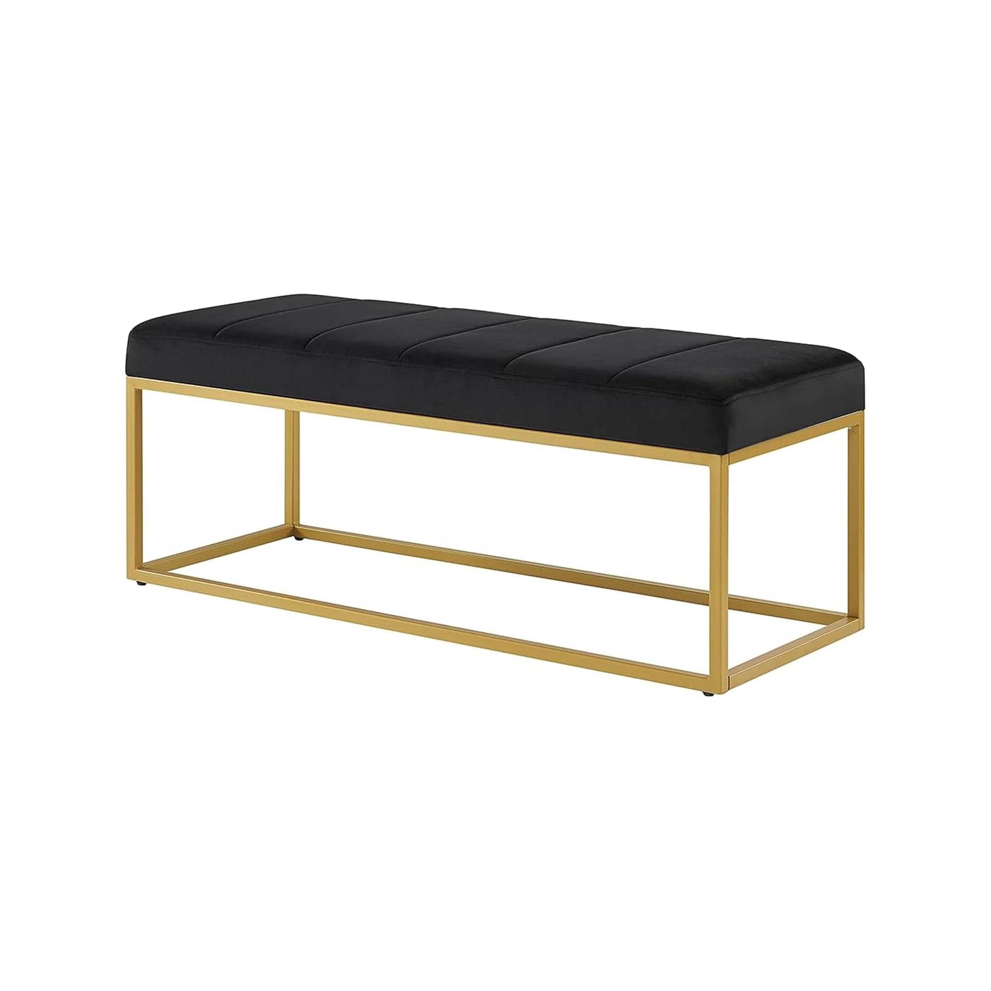 Tufted Black Velvet Bench with Sleek Gold Metal Legs Ottoman