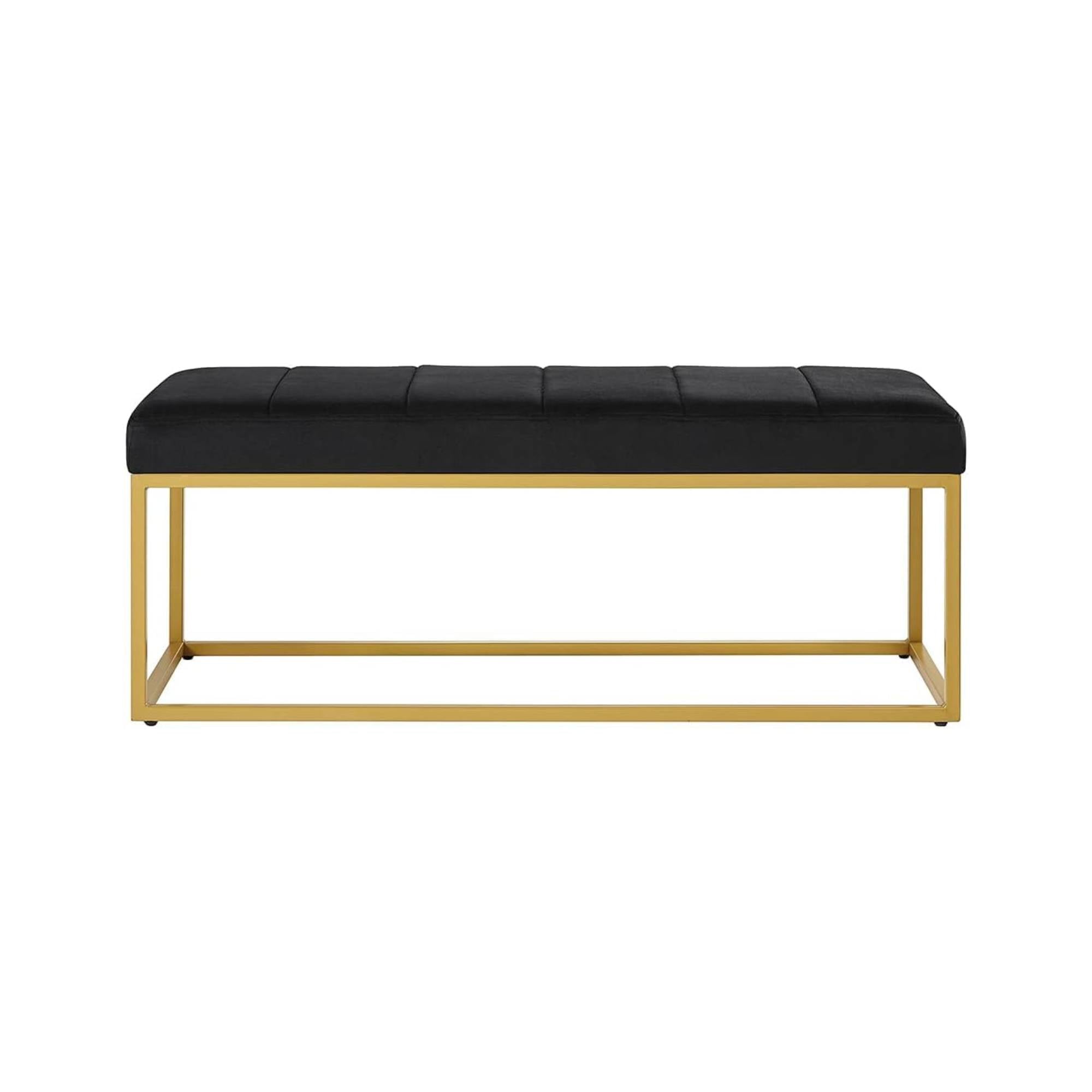 Tufted Black Velvet Bench with Sleek Gold Metal Legs Ottoman