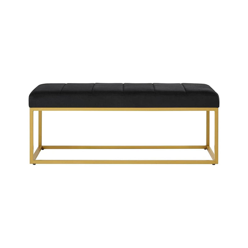 Tufted Black Velvet Bench with Sleek Gold Metal Legs Ottoman