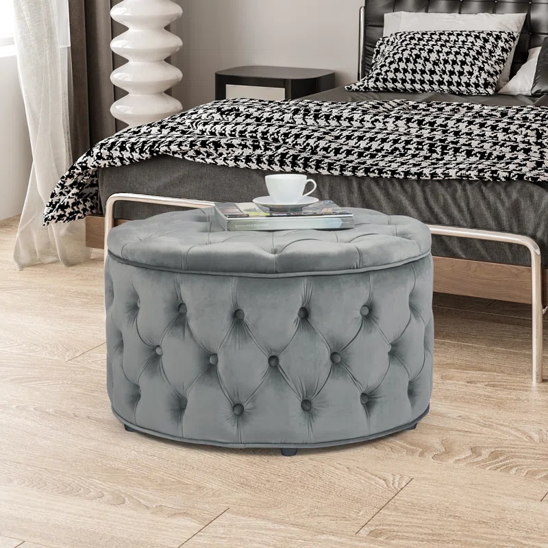 Tufted Grey Color Rounded Storage Ottoman