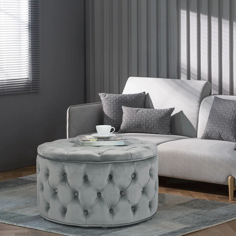 Tufted Grey Color Rounded Storage Ottoman