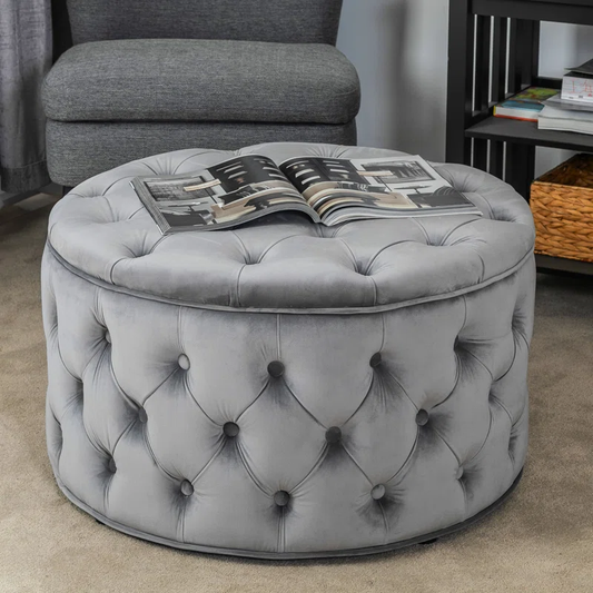 Tufted Grey Color Rounded Storage Ottoman