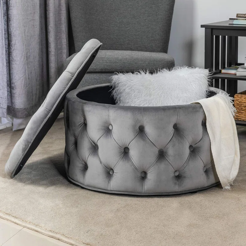 Tufted Grey Color Rounded Storage Ottoman