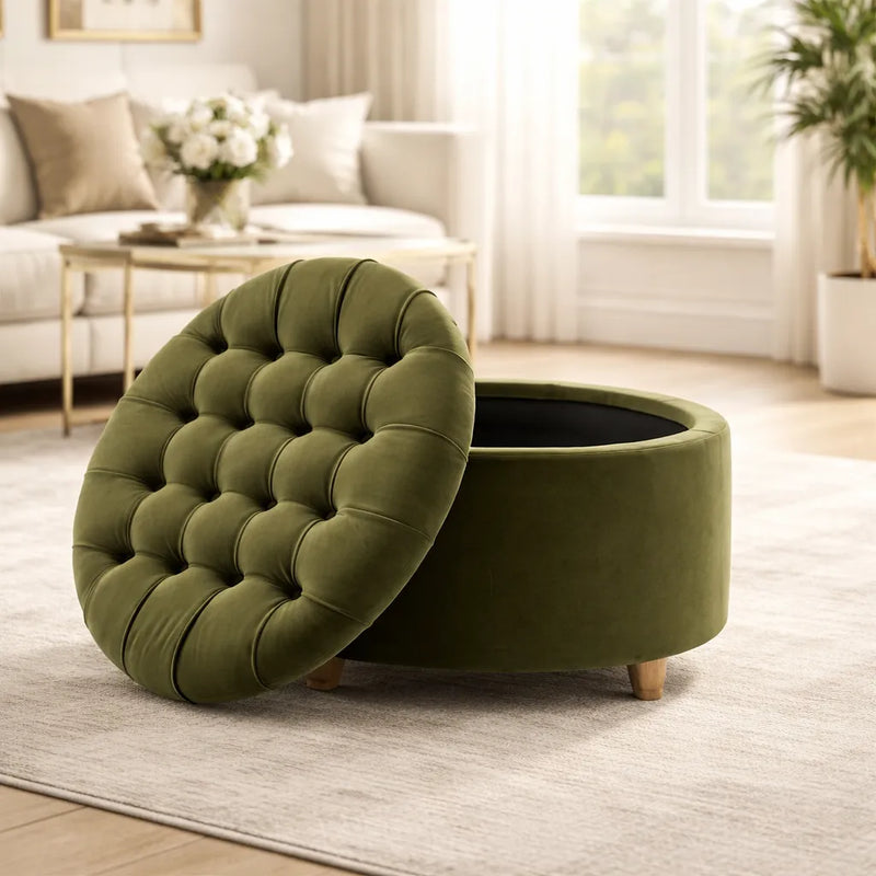 tufted-olive-green-large-round-shape-storage-ottoman