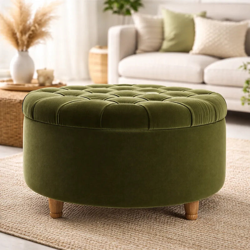 tufted-olive-green-large-round-shape-storage-ottoman