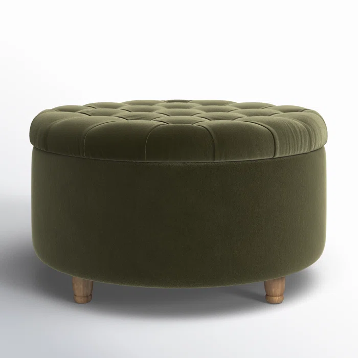 Tufted Olive Green Large Round Shape Storage Ottoman