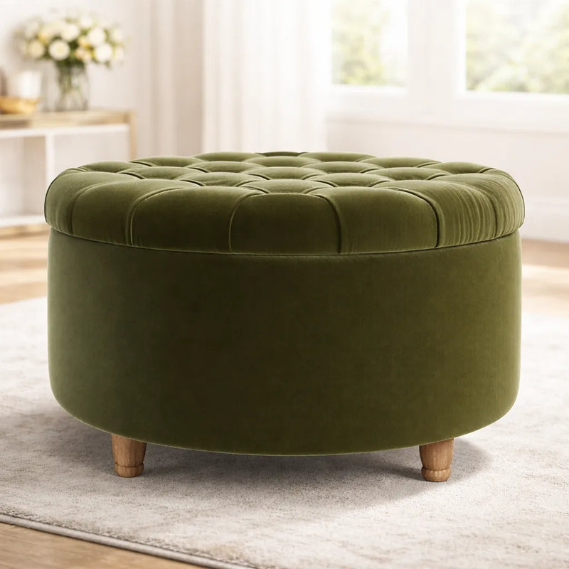 tufted-olive-green-large-round-shape-storage-ottoman