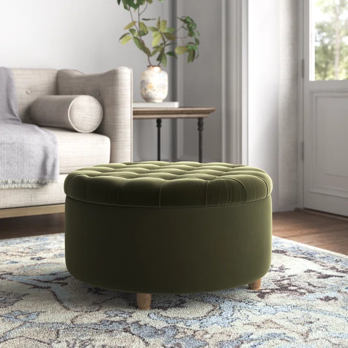 Tufted Olive Green Large Round Shape Storage Ottoman