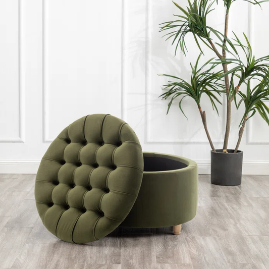 Tufted Olive Green Large Round Shape Storage Ottoman