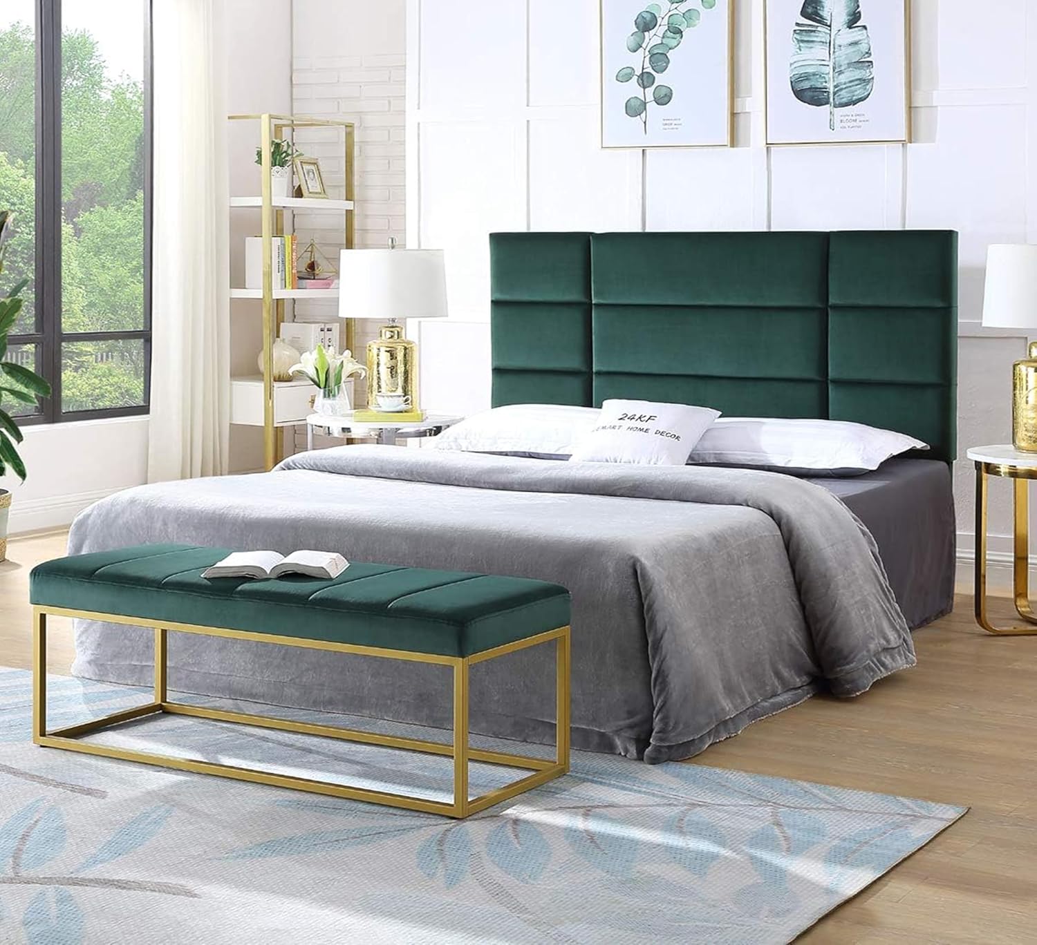 Tufted Rich Green Velvet Bench with Sleek Gold Metal Legs Ottoman