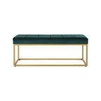 Tufted Rich Green Velvet Bench with Sleek Gold Metal Legs Ottoman