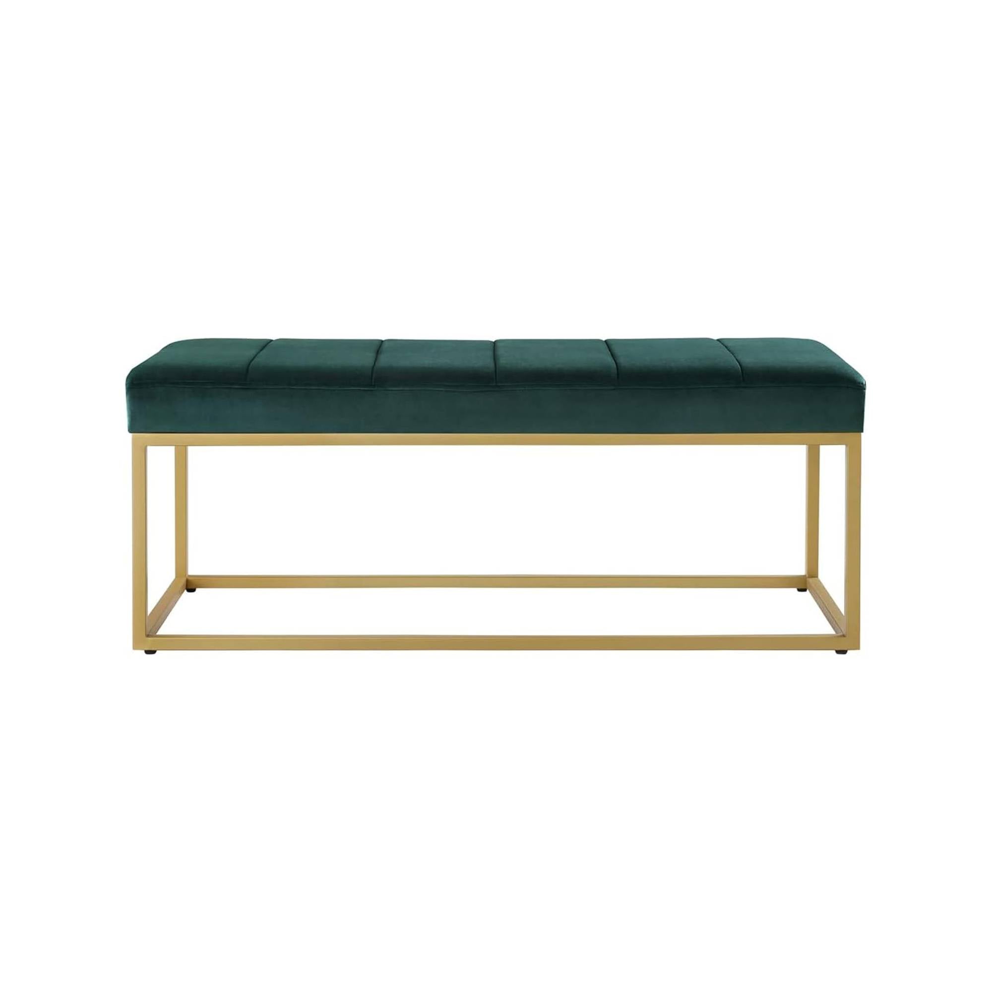 Tufted Rich Green Velvet Bench with Sleek Gold Metal Legs Ottoman