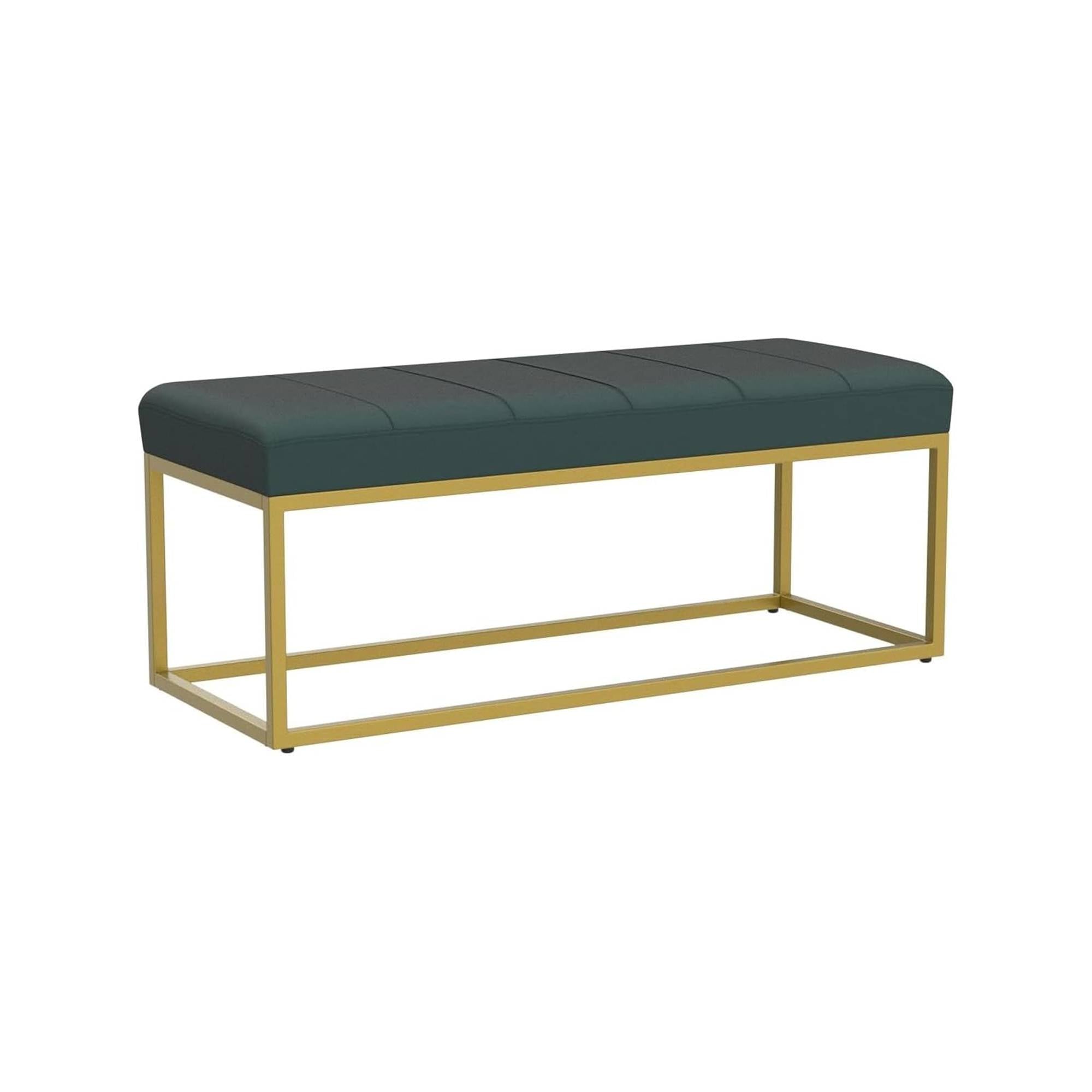 Tufted Rich Green Velvet Bench with Sleek Gold Metal Legs Ottoman