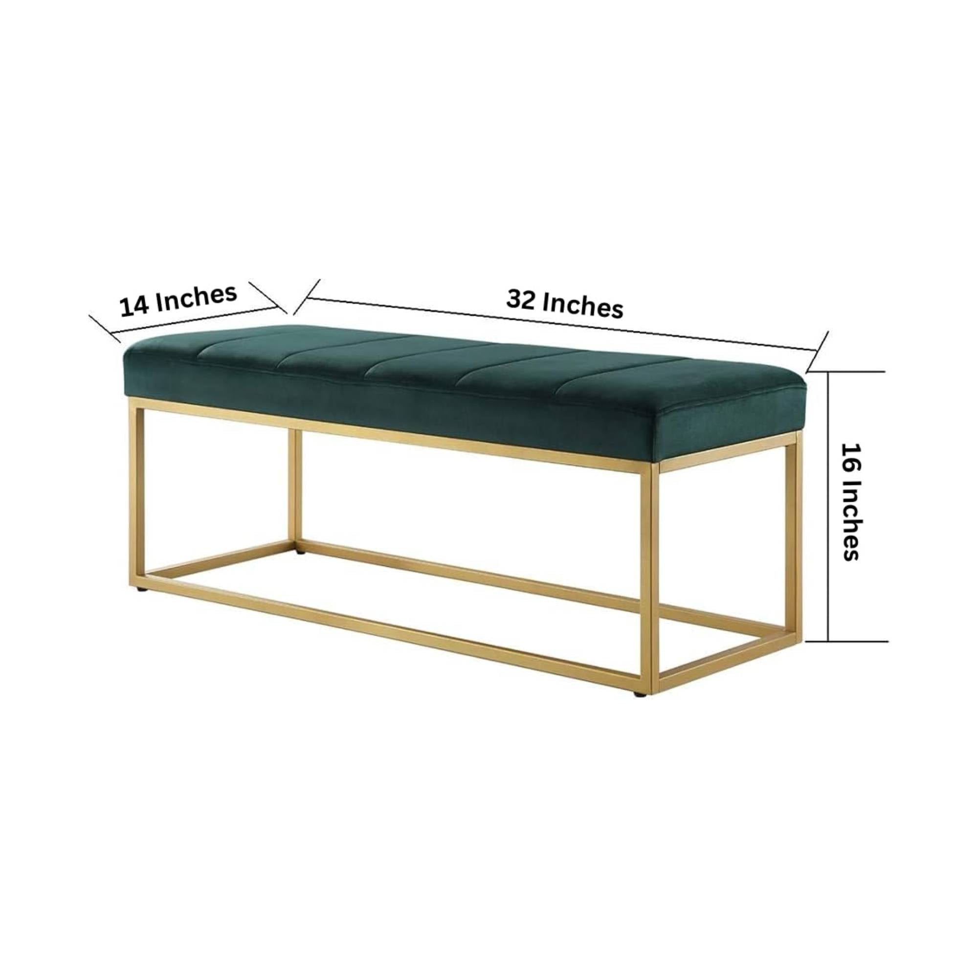 Tufted Rich Green Velvet Bench with Sleek Gold Metal Legs Ottoman