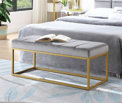 Tufted Rich Grey Velvet Bench with Sleek Gold Metal Legs Ottoman