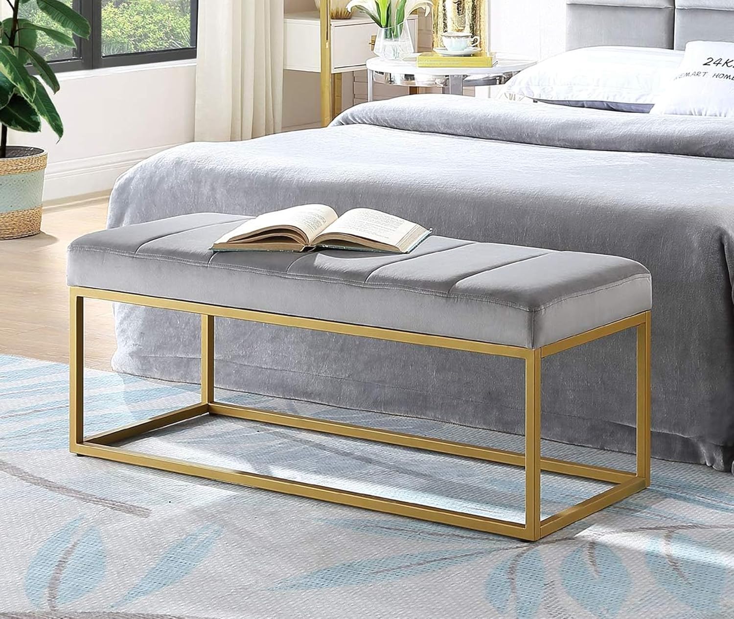 Tufted Rich Grey Velvet Bench with Sleek Gold Metal Legs Ottoman