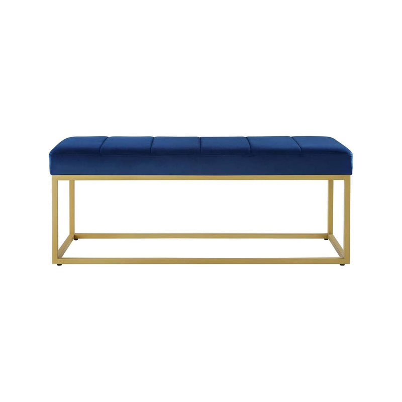 Tufted Royal Blue Velvet Bench with Sleek Gold Metal Legs Ottoman