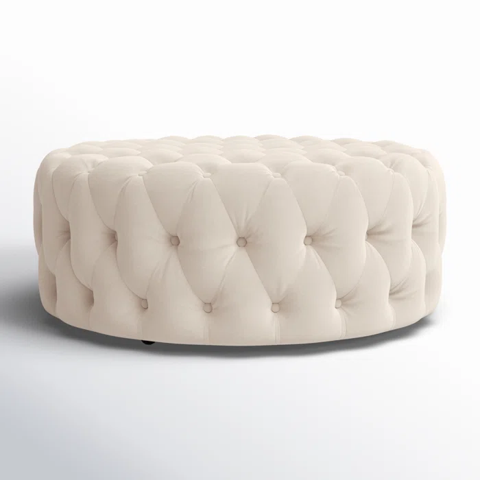 Tufted White Round Shape Velvet Ottoman