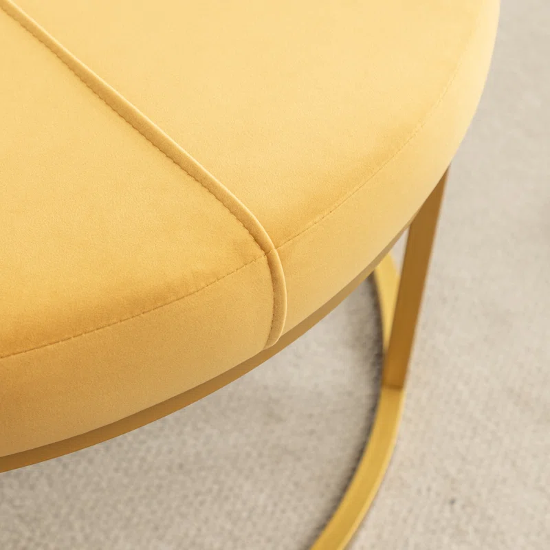 Tufted Wide Yellow Color Round Velvet Ottoman with Golden Metal Frame