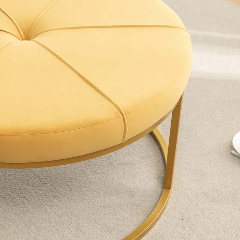 Tufted Wide Yellow Color Round Velvet Ottoman with Golden Metal Frame