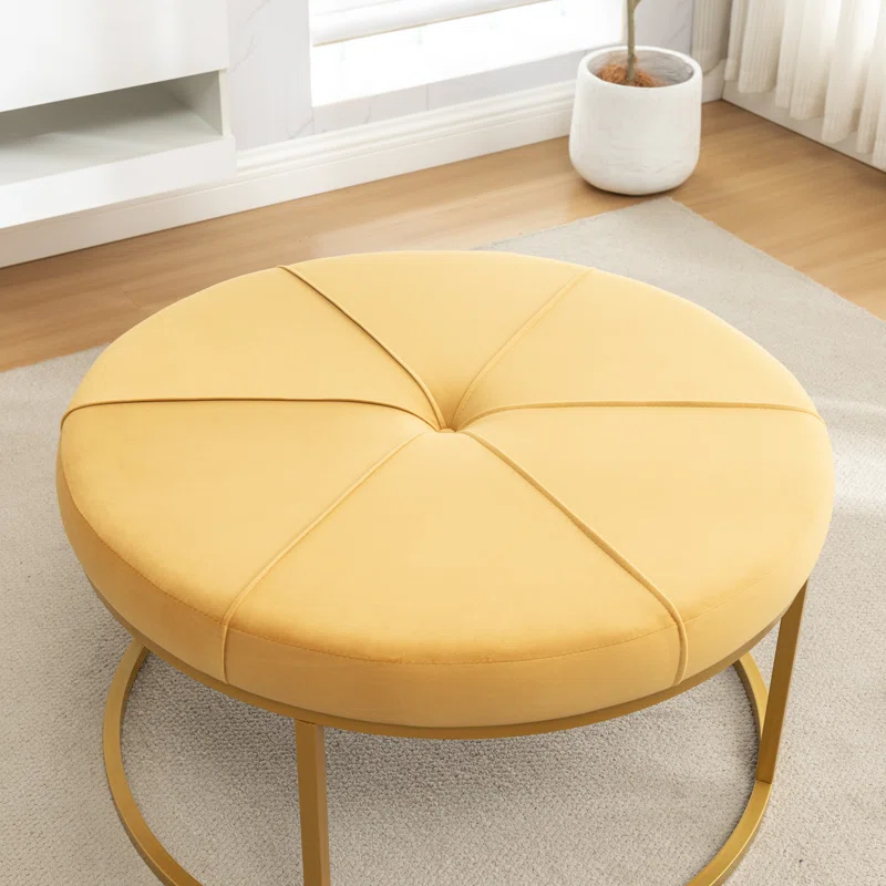 Tufted Wide Yellow Color Round Velvet Ottoman with Golden Metal Frame