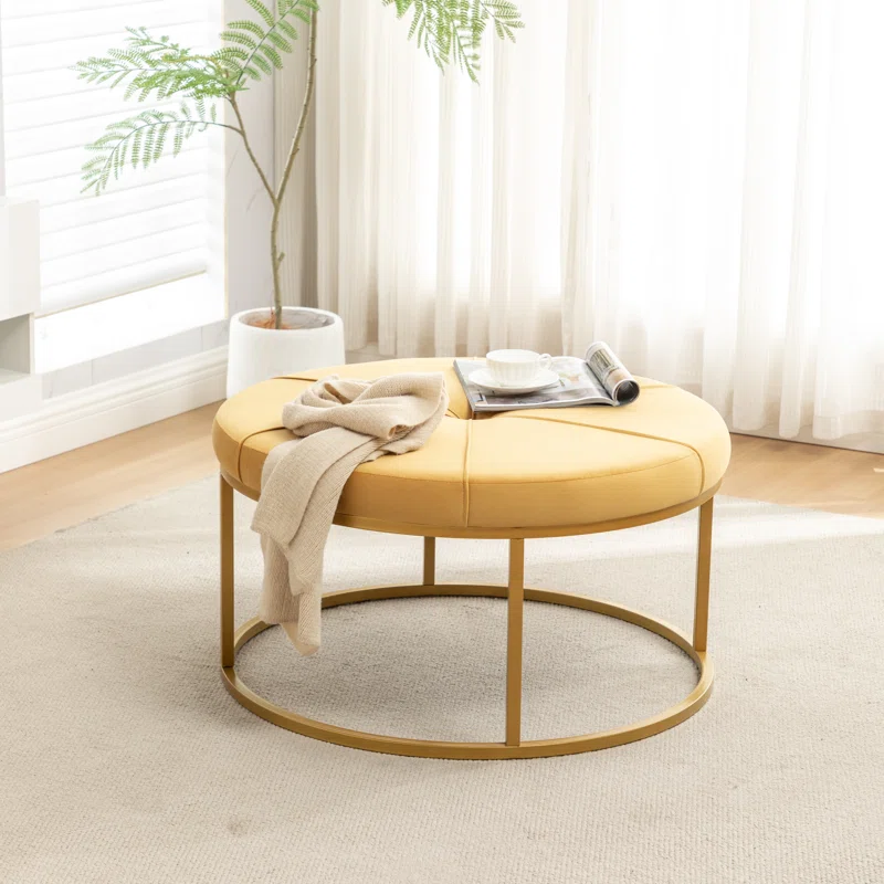 Tufted Wide Yellow Color Round Velvet Ottoman with Golden Metal Frame