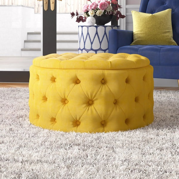 Tufted Yellow Round Shape Velvet Ottoman