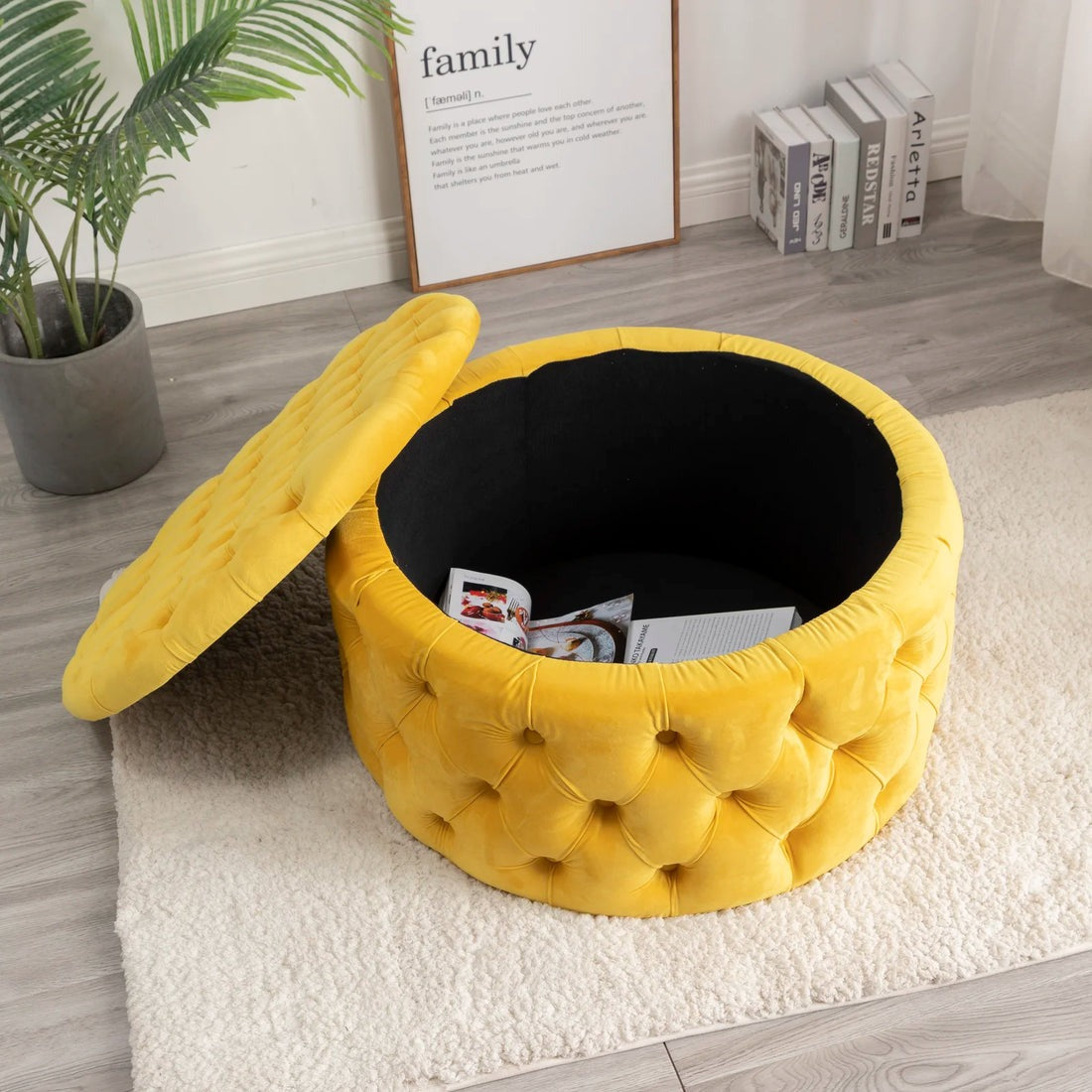 Tufted Yellow Round Shape Velvet Ottoman
