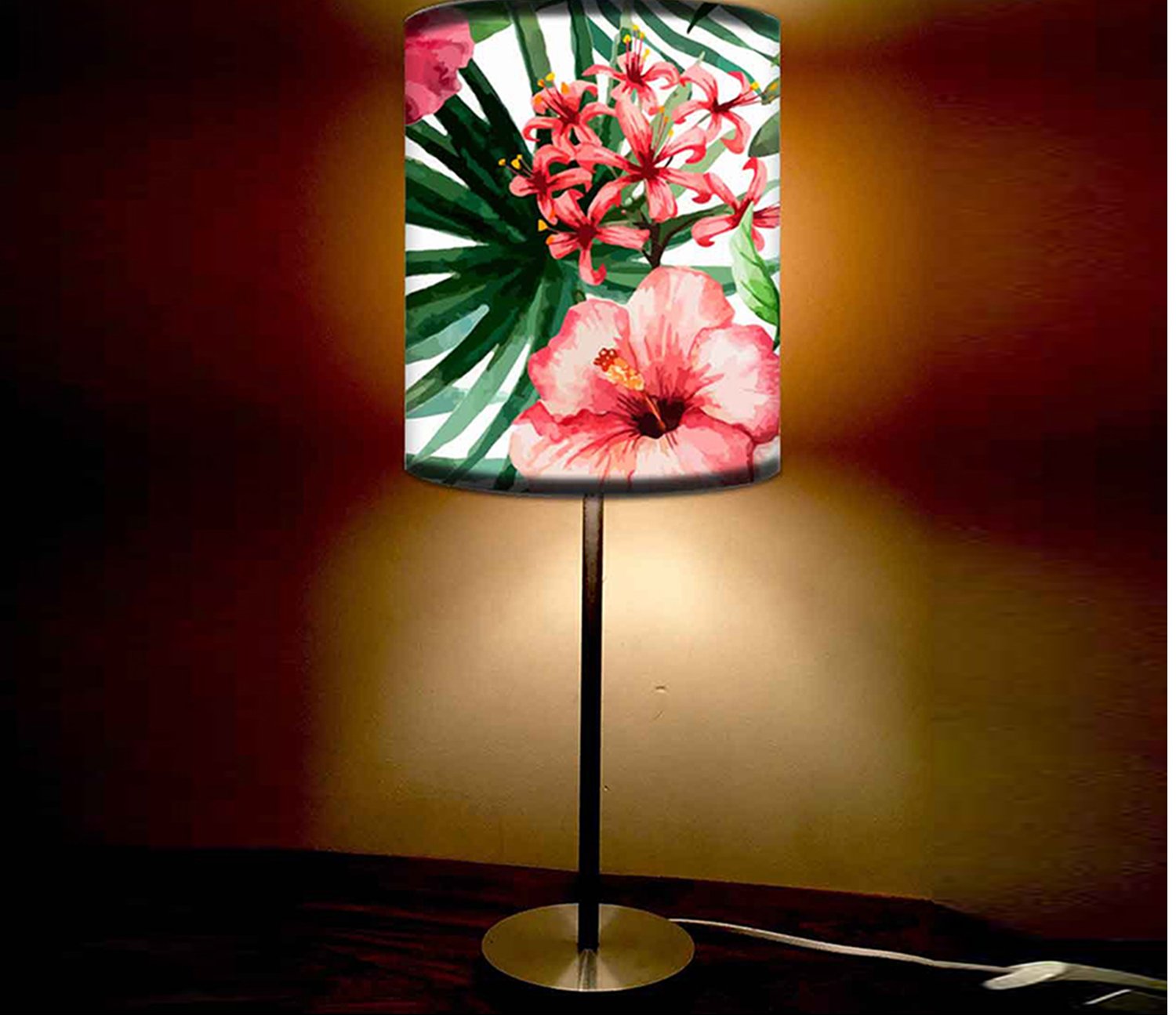 Tulip Flower Leaf Printed Modern Stainless Steel Metal Finish Table Lamp