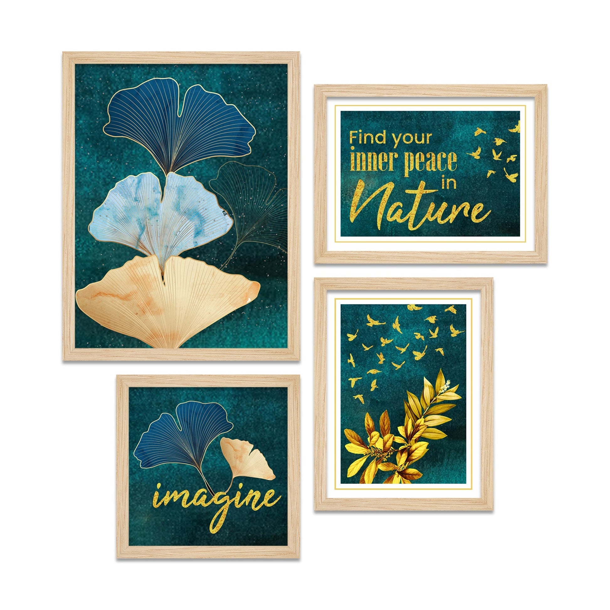 Turquoise Ginkgo Leaf Nature Art Wall Frame Set of Four