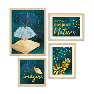 Turquoise Ginkgo Leaf Nature Art Wall Frame Set of Four