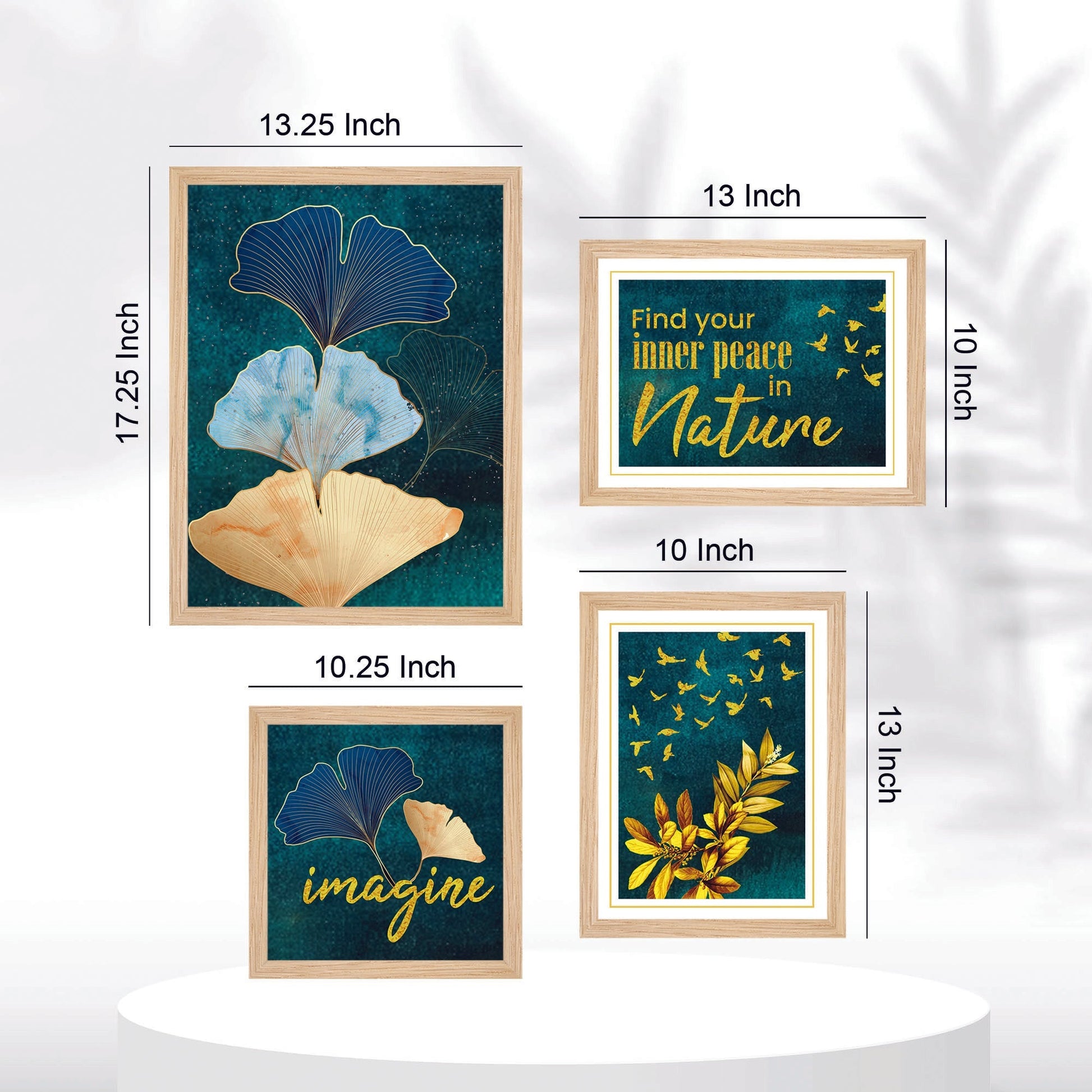 Turquoise Ginkgo Leaf Nature Art Wall Frame Set of Four