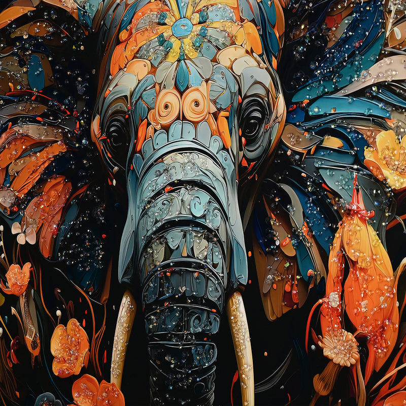 Tusk in Floral Beauty Elephant Framed Crystal Glass Painting