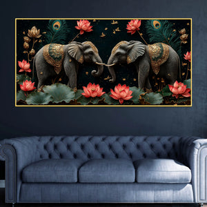Twin Royal Elephants with Blooming Lotus 3D Canvas Wall Painting