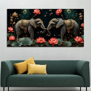 Twin Royal Elephants with Blooming Lotus 3D Canvas Wall Painting