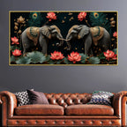 Twin Royal Elephants with Blooming Lotus 3D Canvas Wall Painting