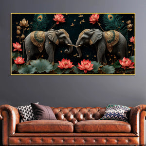 Twin Royal Elephants with Blooming Lotus 3D Canvas Wall Painting